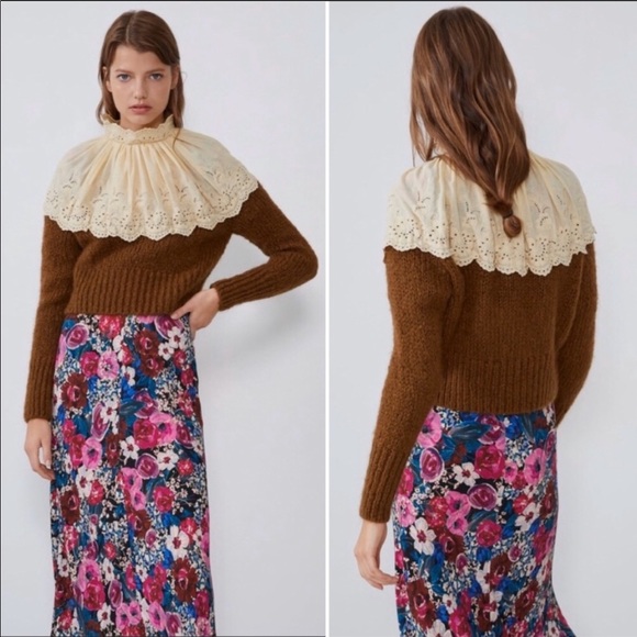 NWT Zara Contrasting Embroidered Sweater Brown S M - Picture 7 of 9